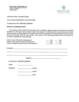 [SURVEY AUTHORIZATION, Landowner Name: Lowndes County, Tract # GA-LO-070.000.01 , GA-LO-072.000, Tax Map/ Parcel ID #: 0098 003, 0098 004]