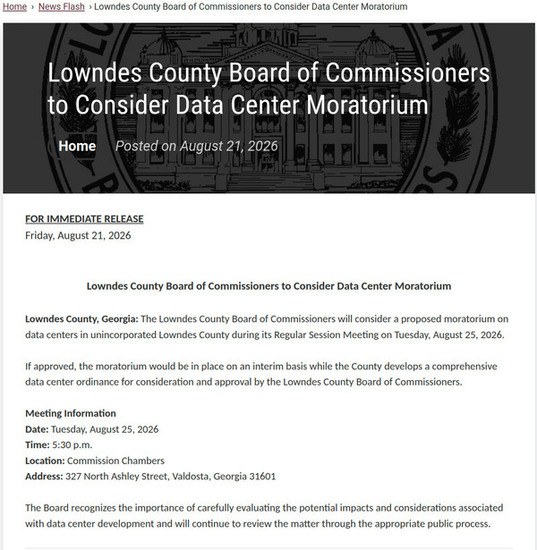 [Datacenter Moratorium vote Tuesday, 2026-08-21 --Lowndes County Board of Commissioners]