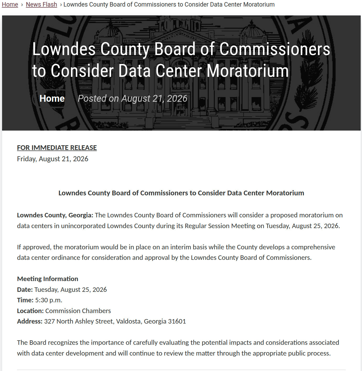 Datacenter Moratorium vote Tuesday, 2026-08-21 --Lowndes County Board of Commissioners