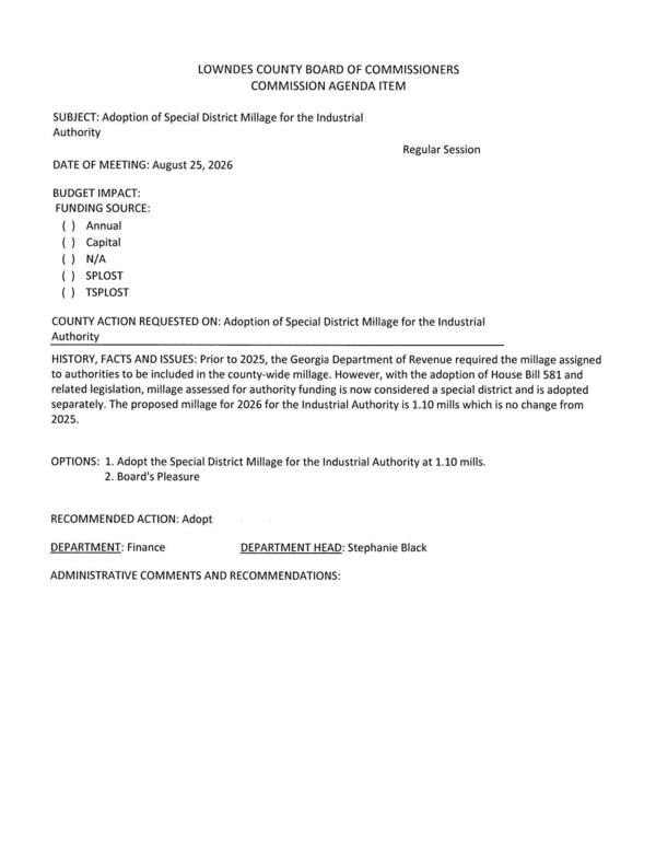 [The proposed millage for 2026 for the Industrial Authority is 1.10 mills which is no change from 2025.]