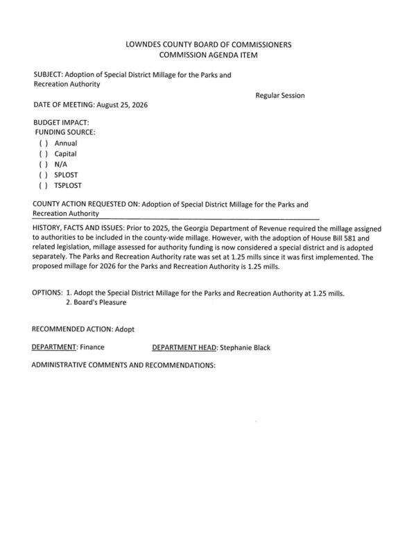 [The proposed millage for 2026 for the Parks and Recreation Authority is 1.25 mills.]