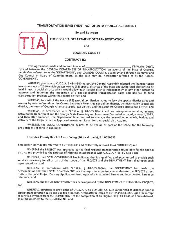 [TRANSPORTATION INVESTMENT ACT OF 2010 PROJECT AGREEMENT]