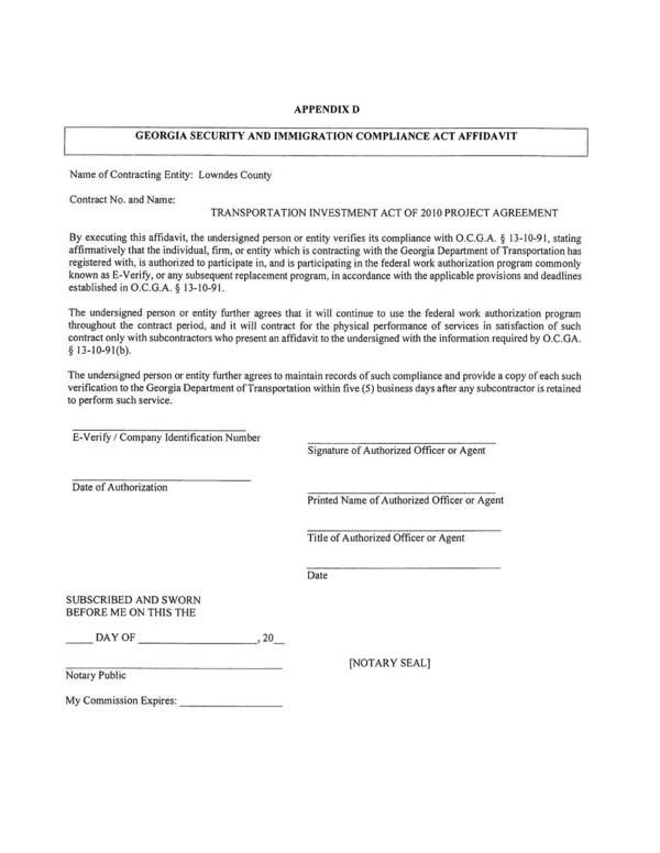 [APPENDIX D GEORGIA SECURITY AND IMMIGRATION COMPLIANCE ACT AFFIDAVIT]