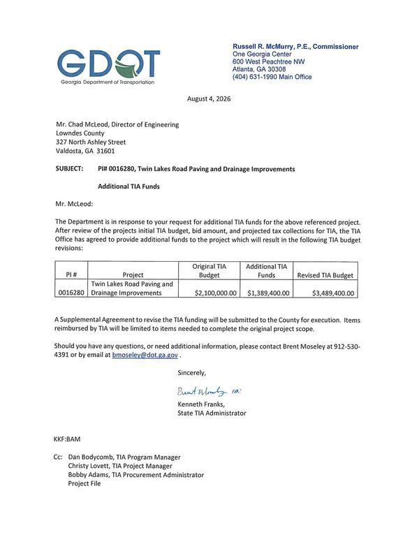 [SUBJECT: Pl# 0016280, Twin Lakes Road Paving and Drainage Improvements Additional TIA Funds]