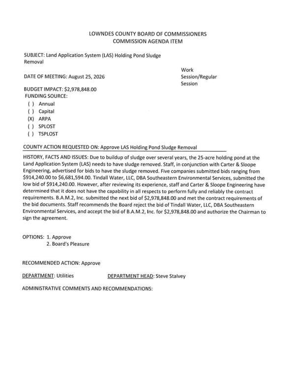 [BUDGET IMPACT: $2,978,848.00 Five bids, reject lowest for lack of experience, accept second lowest, B.A.M.2, Inc.]