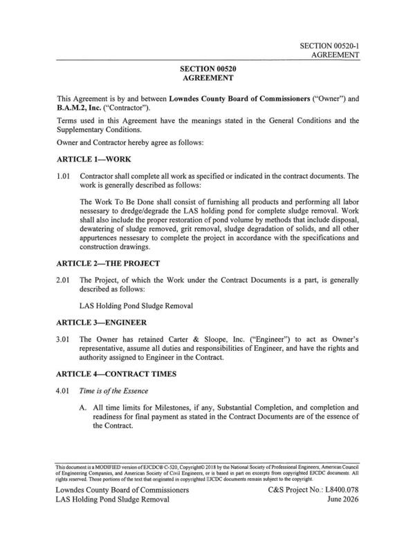 [This Agreement is by and between Lowndes County Board of Commissioners (“Owner”) and]