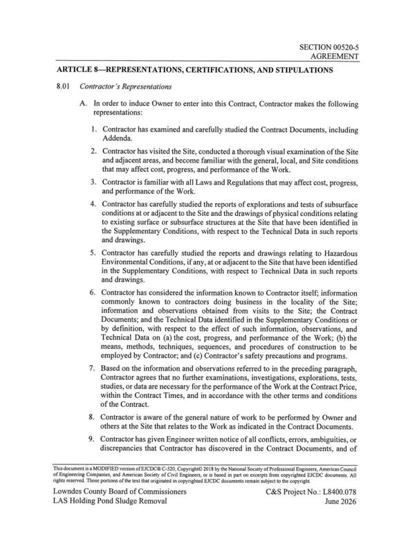 [9. Contractor has given Engineer written notice of all conflicts, errors, ambiguities, or]