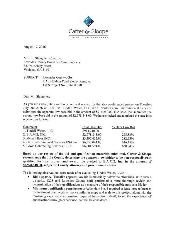 [Five bids and which to choose --Carter & Sloope Consulting Engineers]