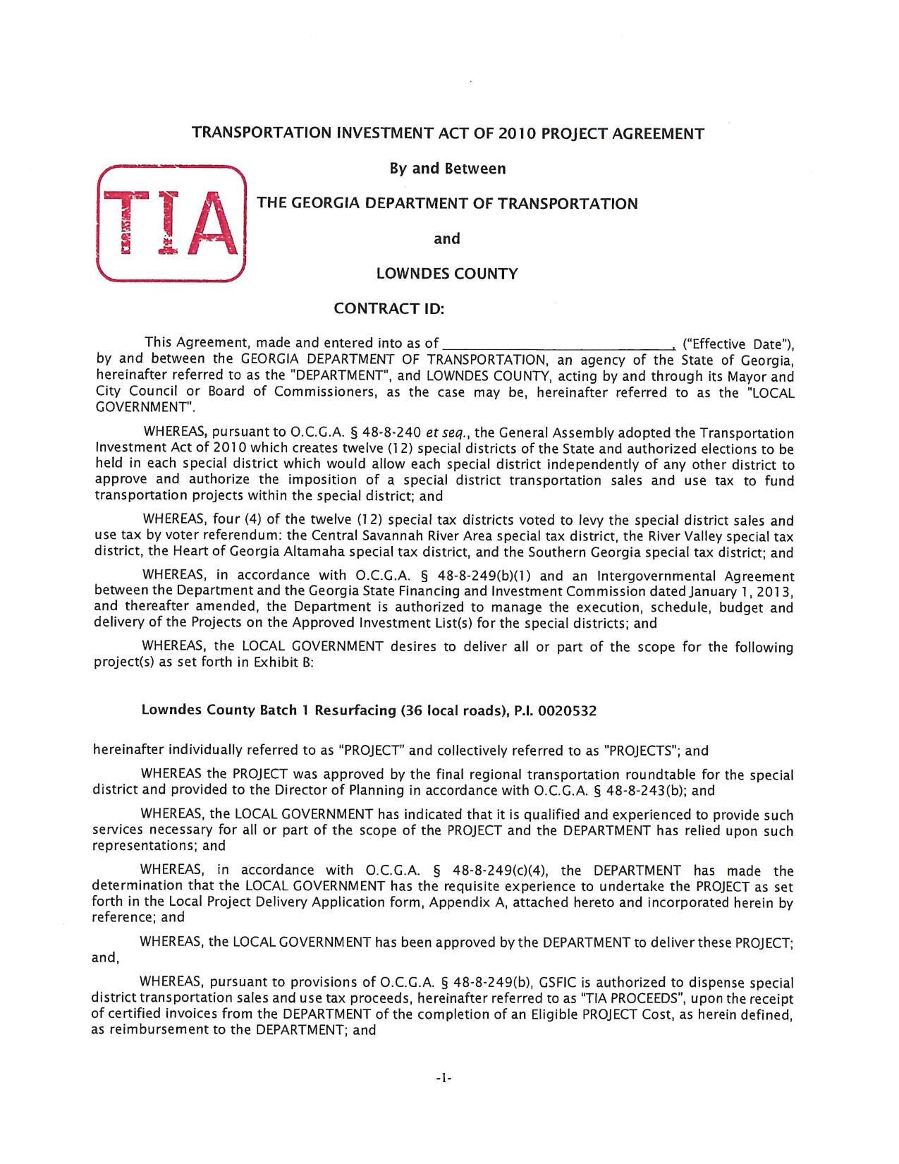 TRANSPORTATION INVESTMENT ACT OF 2010 PROJECT AGREEMENT