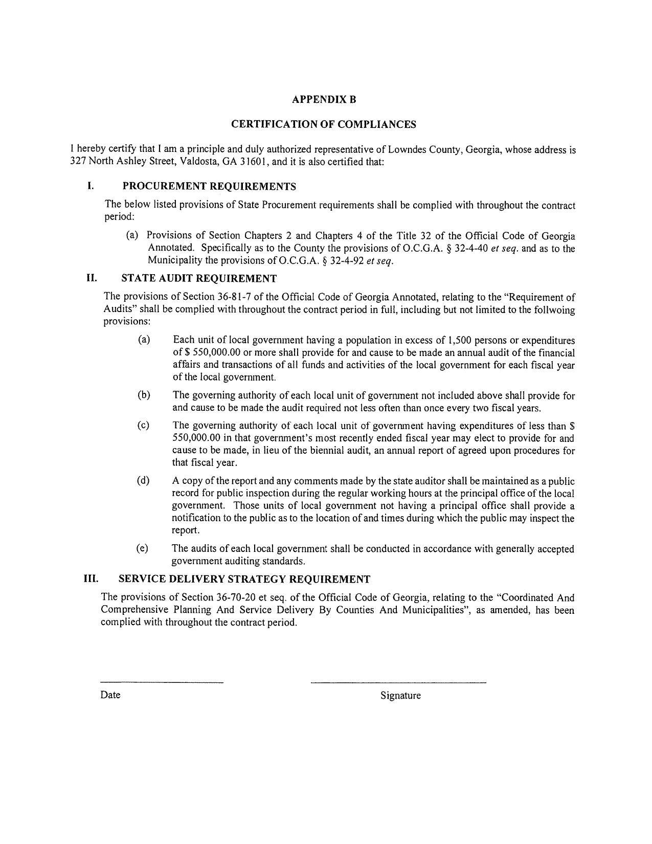 APPENDIX B CERTIFICATION OF COMPLIANCES