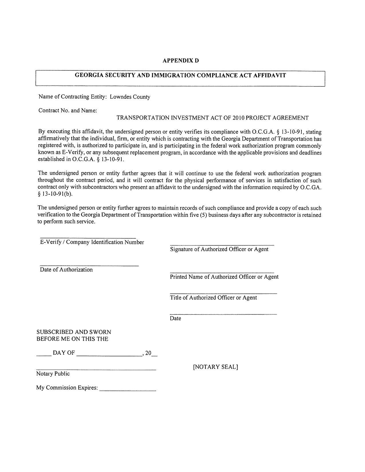 APPENDIX D GEORGIA SECURITY AND IMMIGRATION COMPLIANCE ACT AFFIDAVIT
