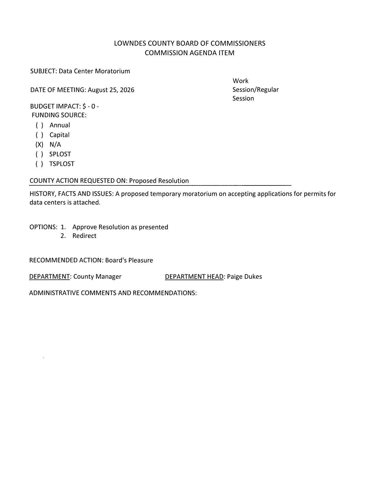 A proposed temporary moratorium on accepting applications for permits for data centers is attached.