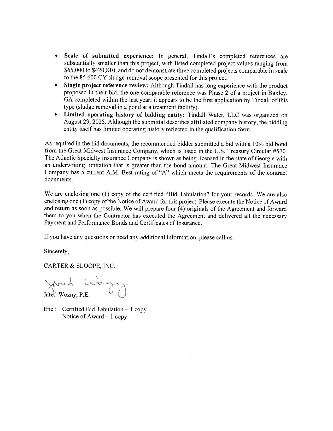 enclosing one (1) copy of the Notice of Award for this project. Please execute the Notice of Award
