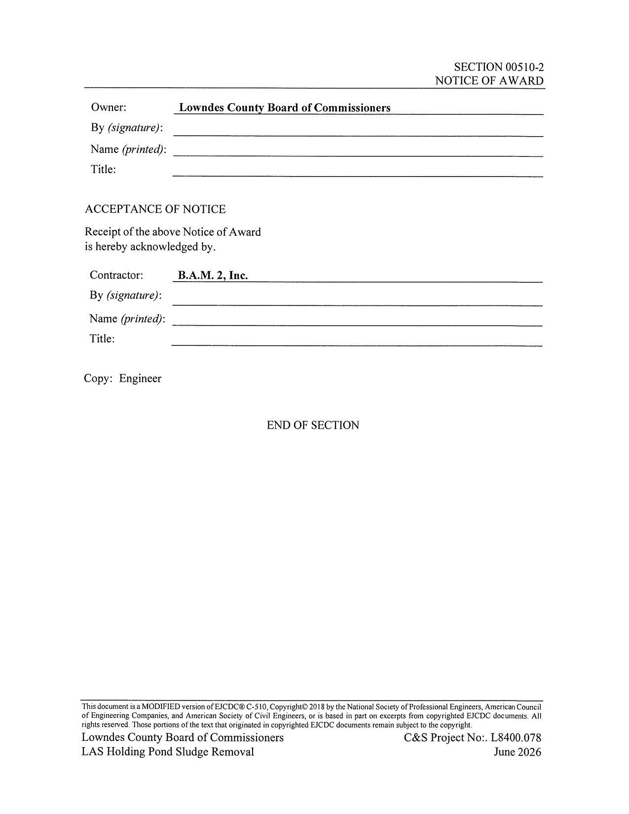 NOTICE OF AWARD