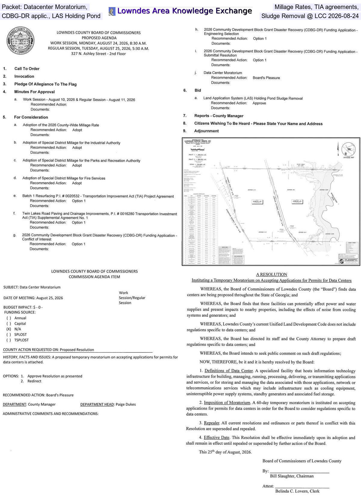 [Packet: Datacenter Moratorium, Millage Rates, TIA agreements, CDBG-DR applic., LAS Holding Pond Sludge Removal @ LCC 2026-08-24]