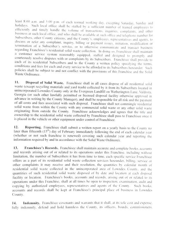 11. Disposal, 12. Reporting, 13. Franchisee's Records, 14. Indemnity