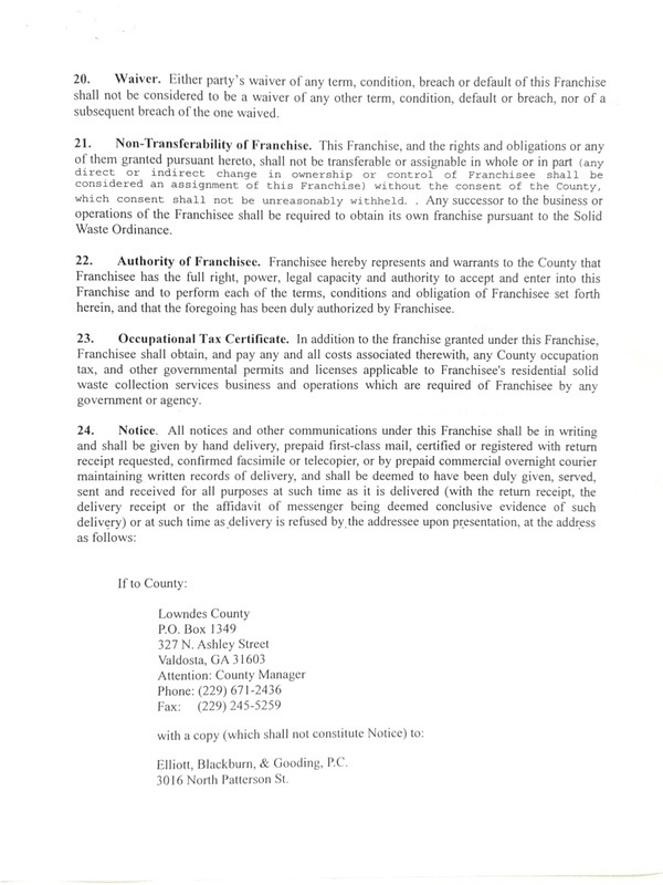 20. Waiver, 21. Non-Transferability, 22. Authority of Franchisee, 23. Occupational Tax, 24. Notice
