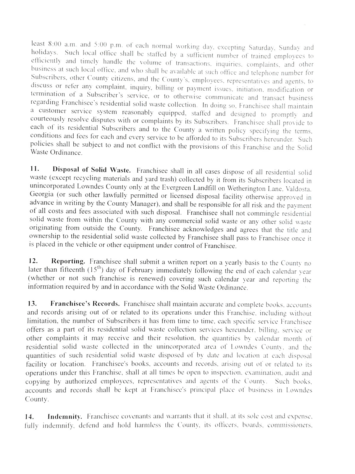 11. Disposal, 12. Reporting, 13. Franchisee's Records, 14. Indemnity