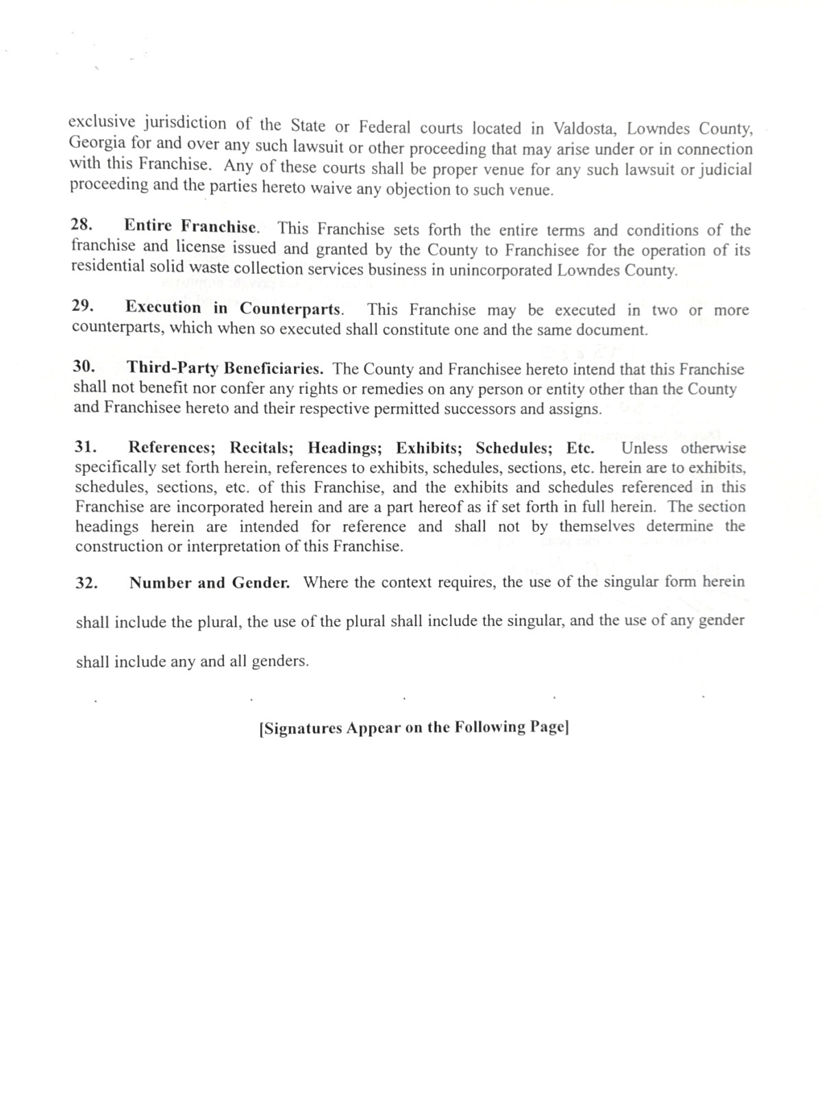 28. Entire Franchise, 29. Execution in Counterparts, 30. Third-Party Beneficiaries, 31. References etc., 32. Number and Gender