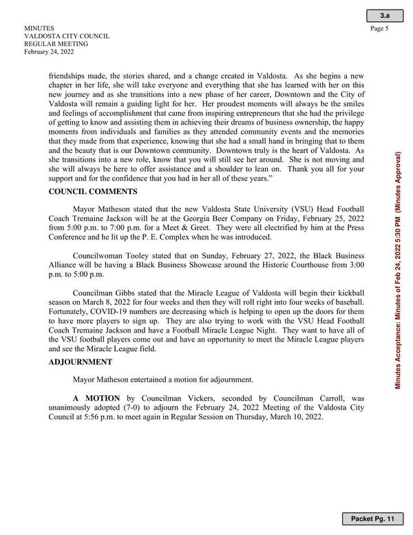 Council Comments, Adjournment