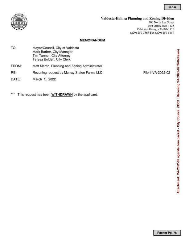 MEMORANDUM: Rezoning request by Murray Staten Farms LLC has been withdrawn by applicant