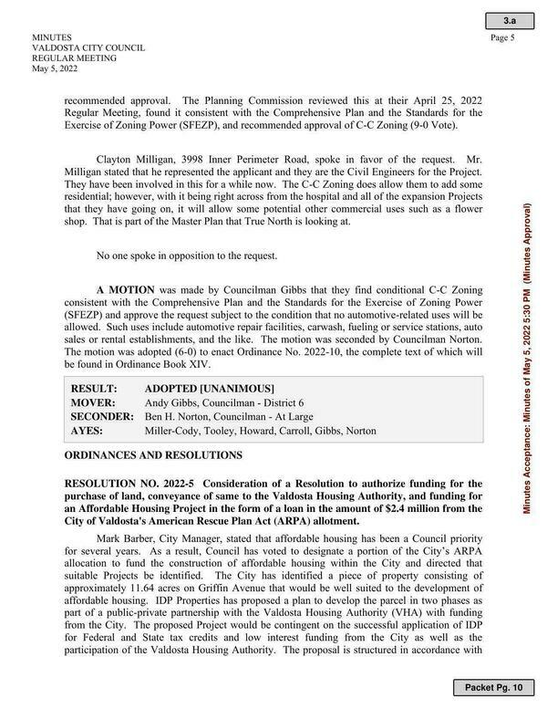 RESOLUTION NO. 2022-5, funding for land purchase for Valdosta Housing Authority for Affordable Housing Project