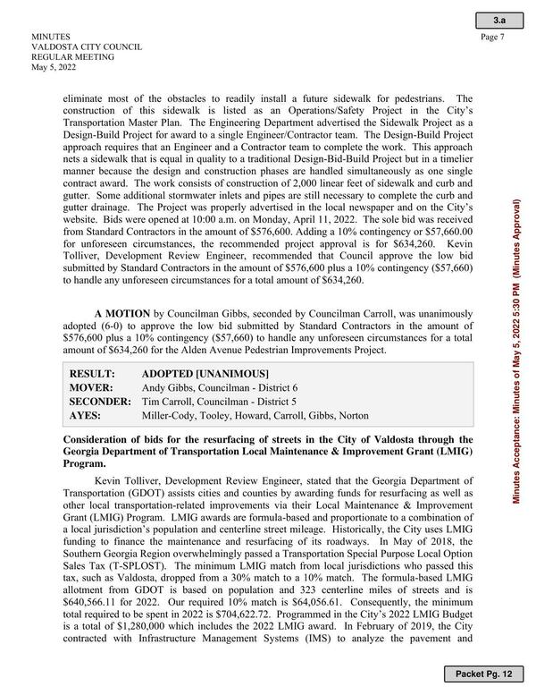 bids for the resurfacing of streets in the City of Valdosta through GDOT LMIG