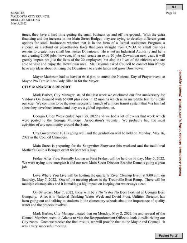 City Managers Report. On Saturday, May 7, 2022, there will be a No Water No Beer Festival at Georgia Beer