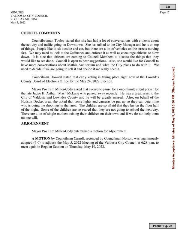 Council Comments. Adjournment.