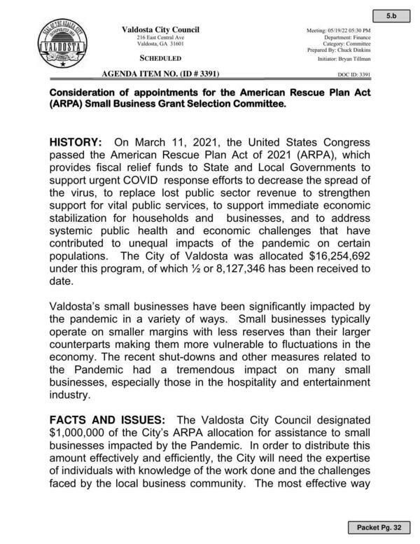 Council designated $1,000,000 of ARPA funds for assistance to small businesses