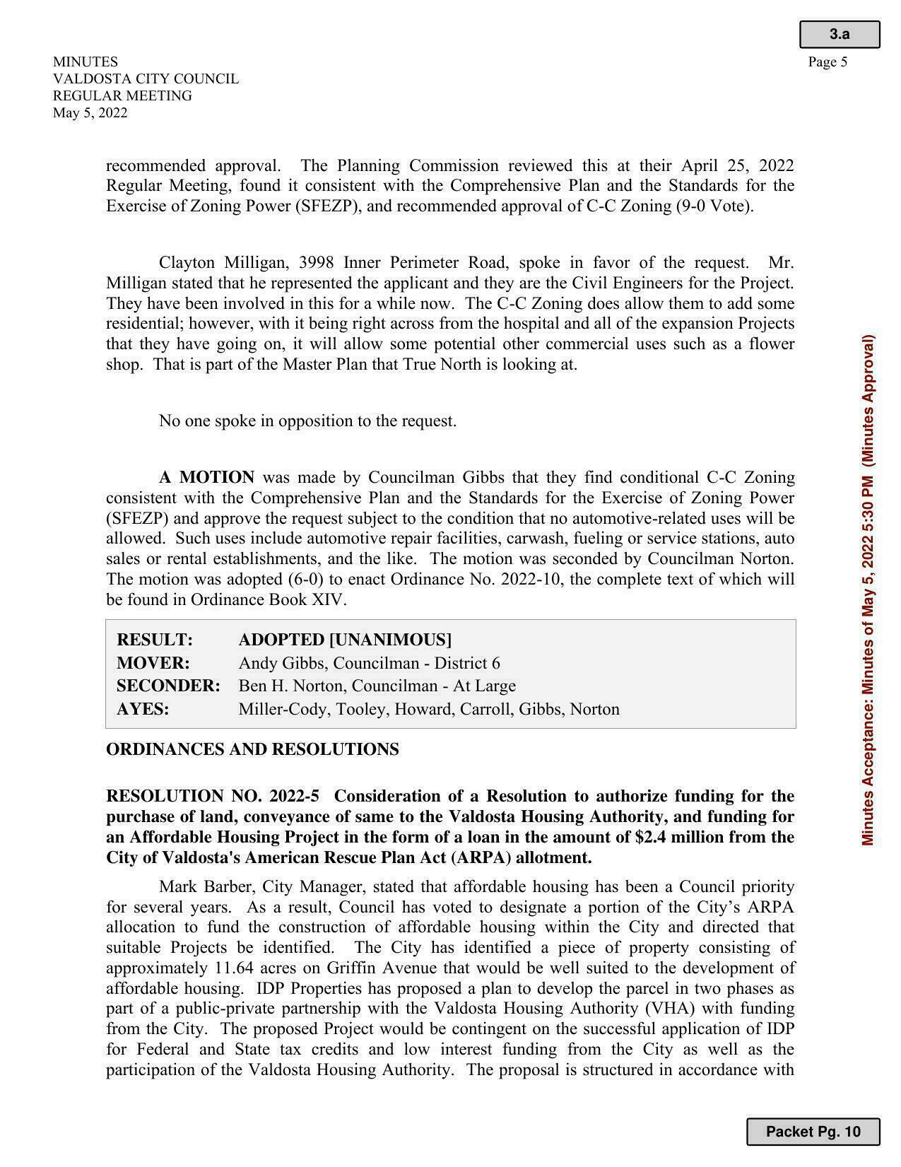 RESOLUTION NO. 2022-5, funding for land purchase for Valdosta Housing Authority for Affordable Housing Project