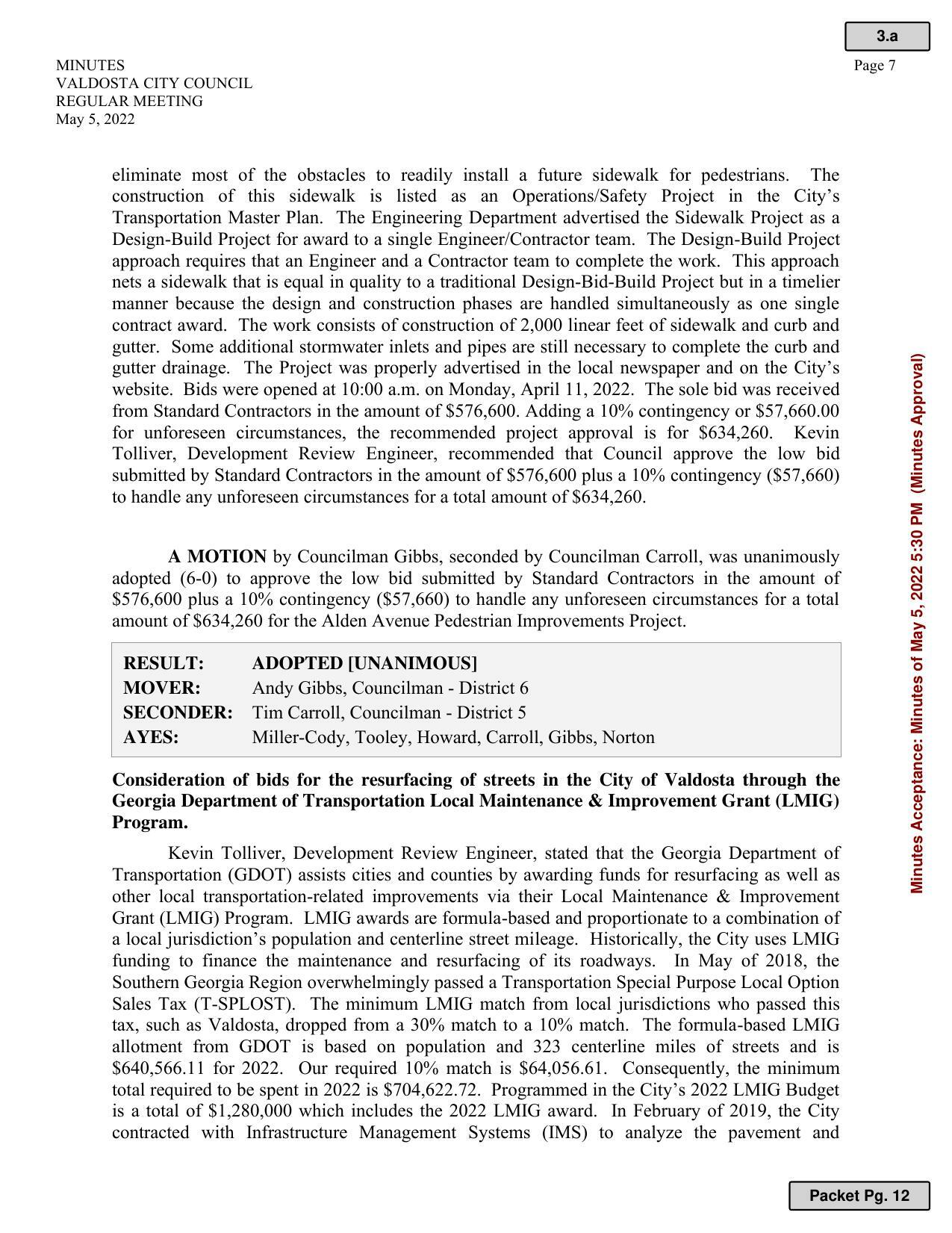 bids for the resurfacing of streets in the City of Valdosta through GDOT LMIG