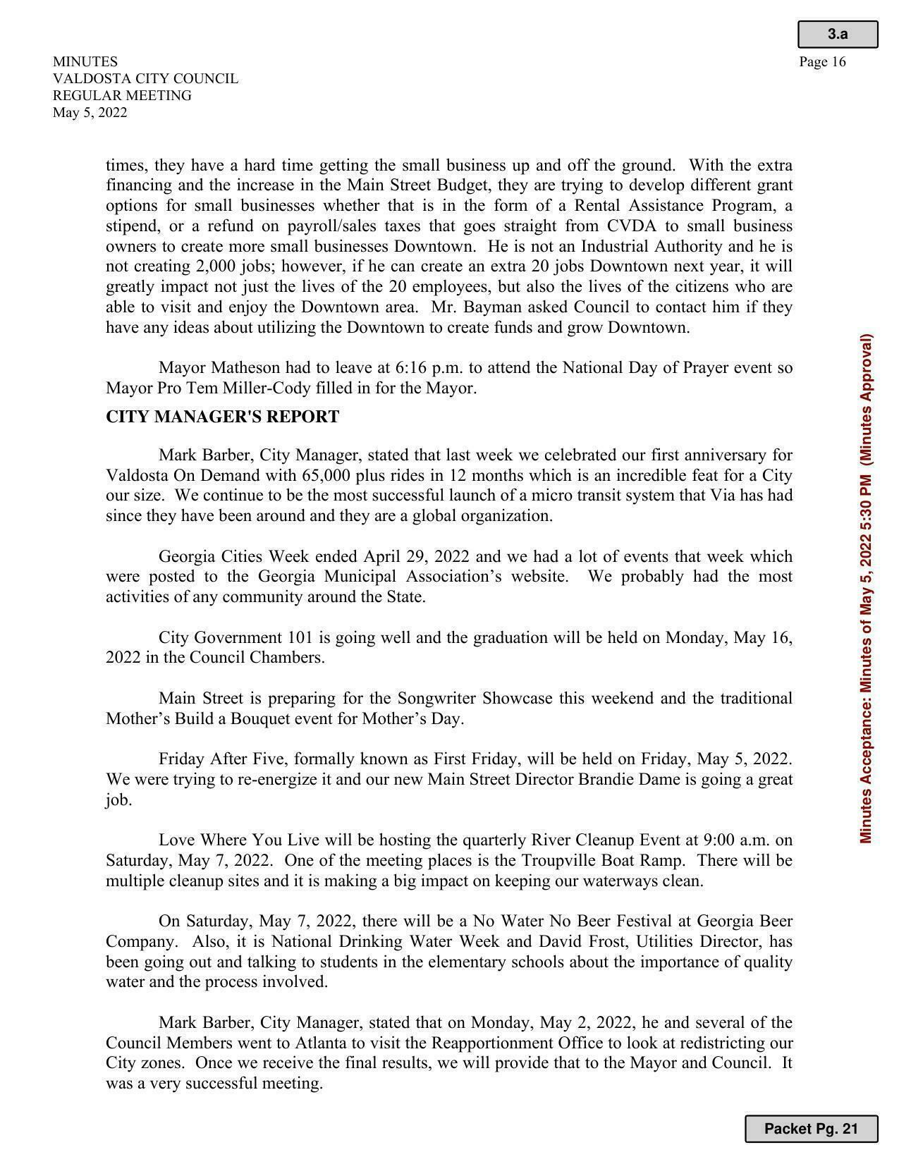 City Managers Report. On Saturday, May 7, 2022, there will be a No Water No Beer Festival at Georgia Beer