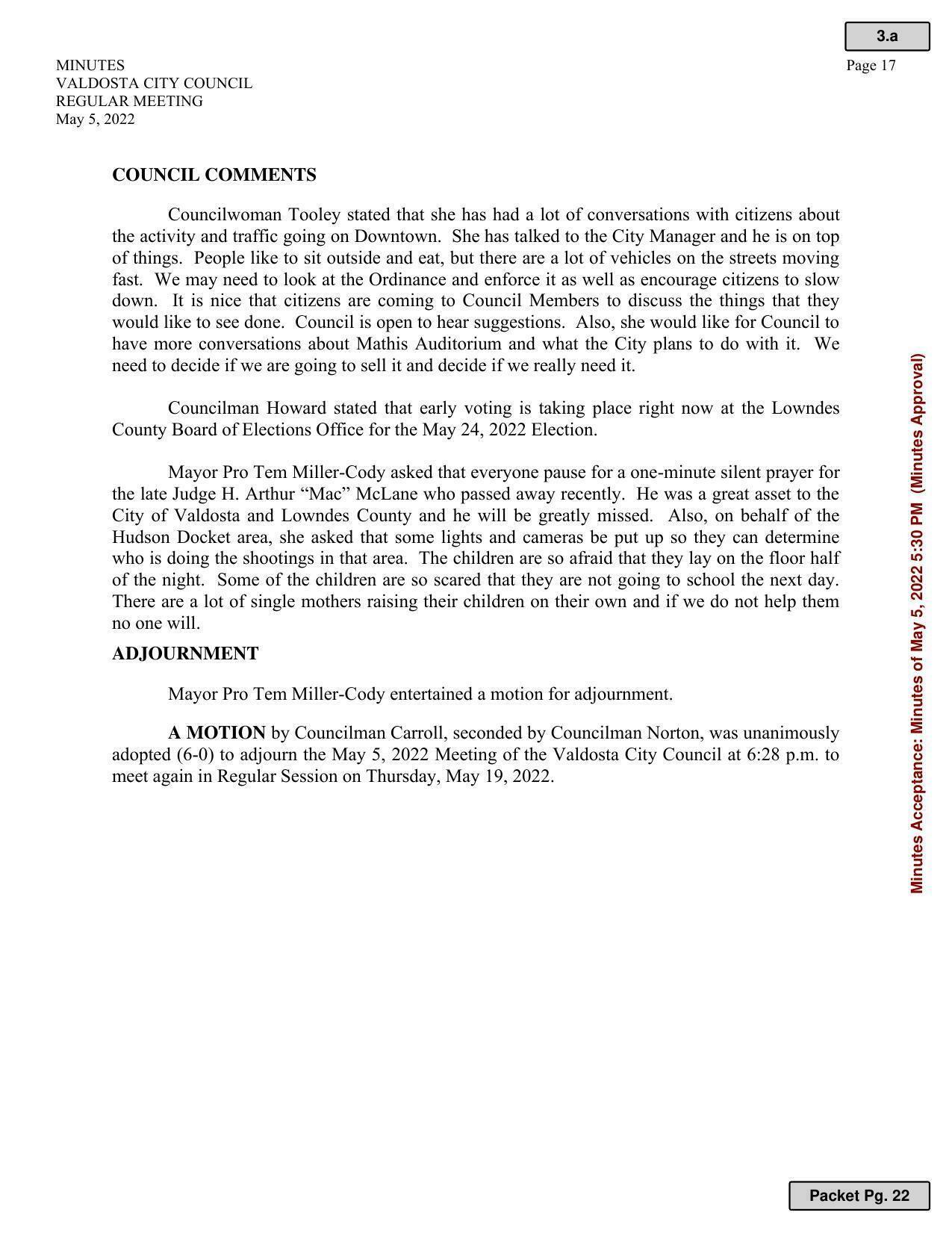 Council Comments. Adjournment.