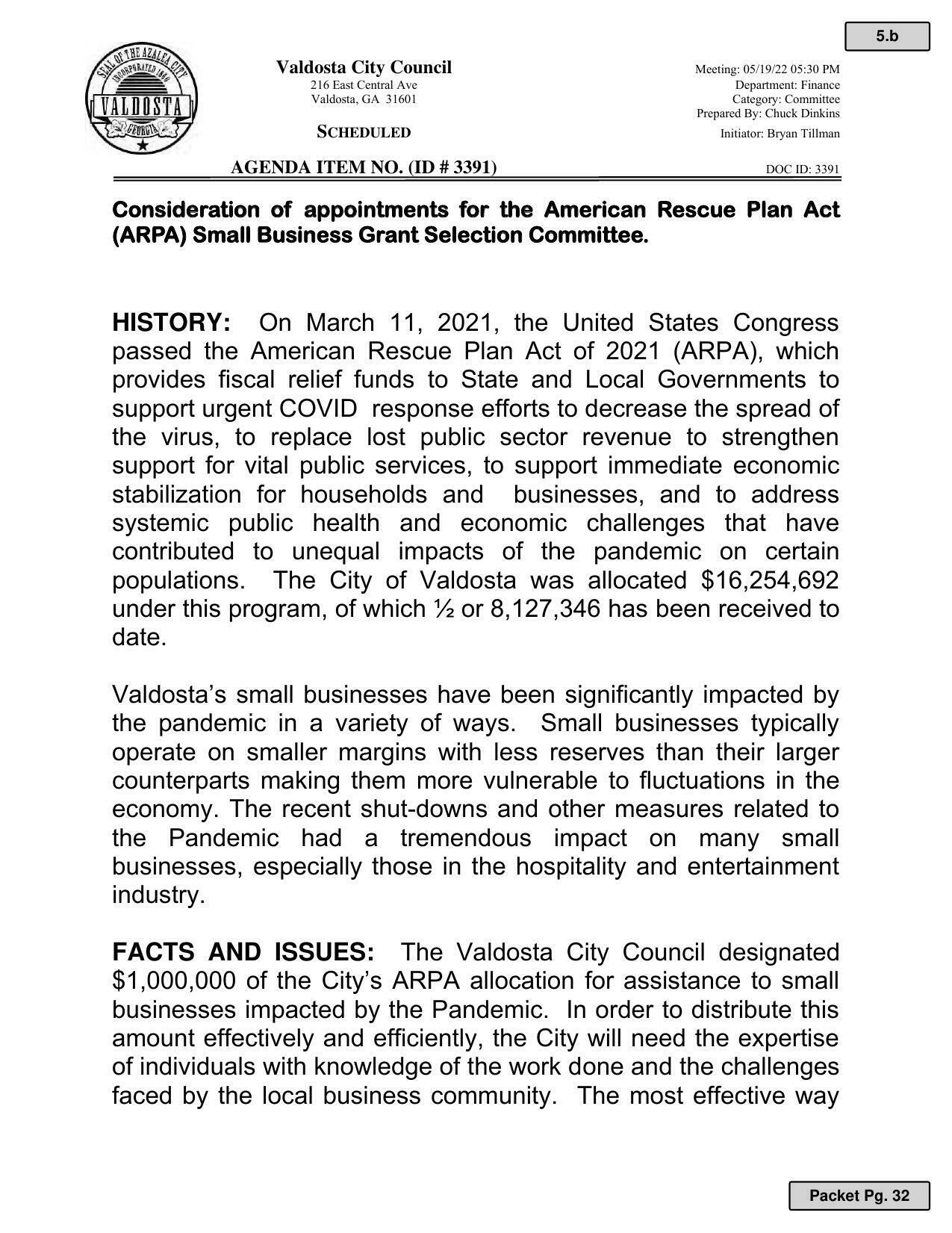 Council designated $1,000,000 of ARPA funds for assistance to small businesses