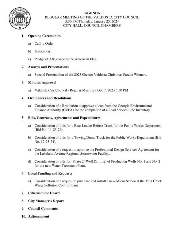 Agenda, Valdosta City Council, 2024-01-25