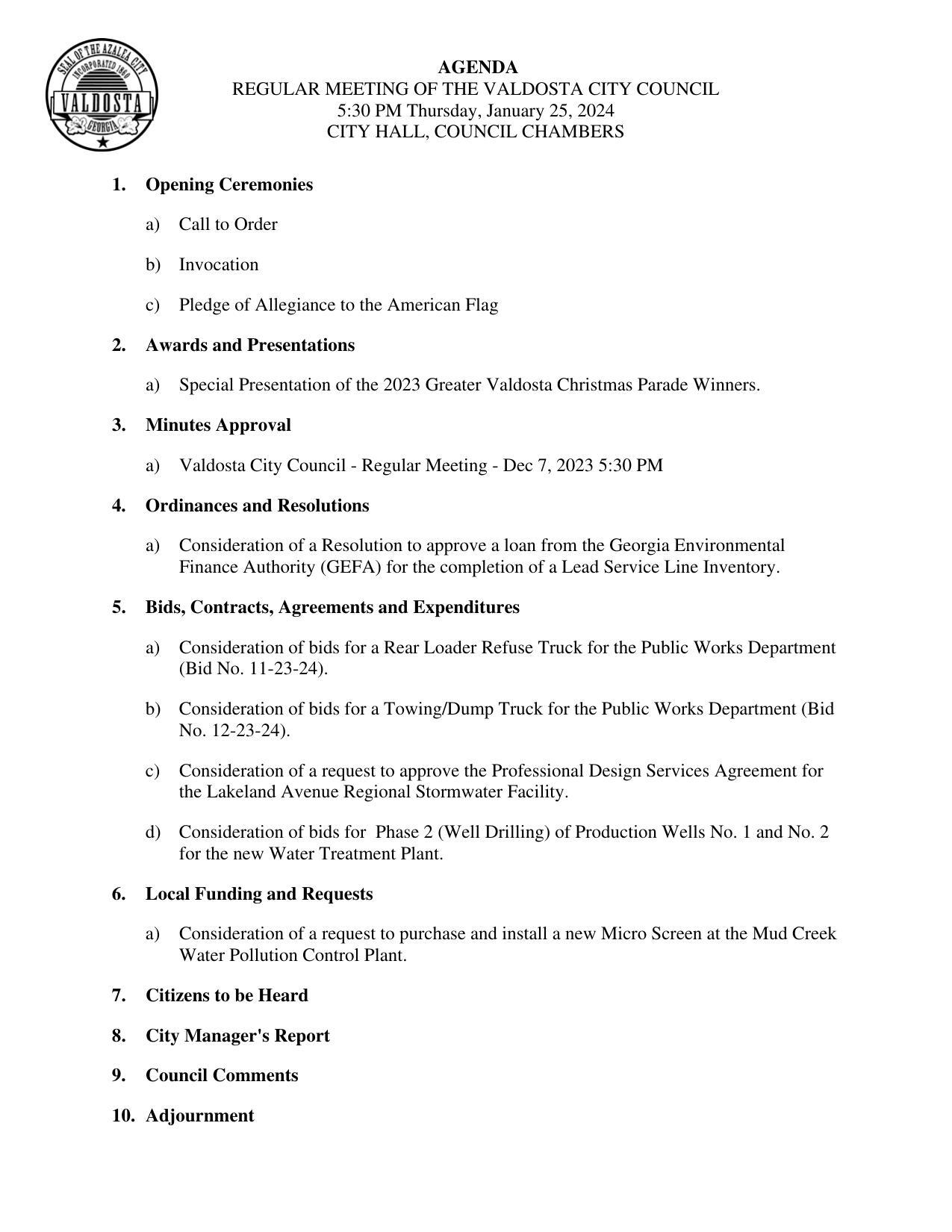 Agenda, Valdosta City Council, 2024-01-25