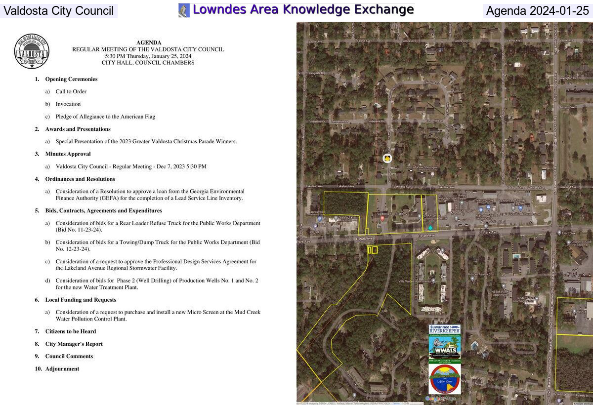 Agenda, Valdosta City Council, 2024-01-25 and Lakeland Avenue map