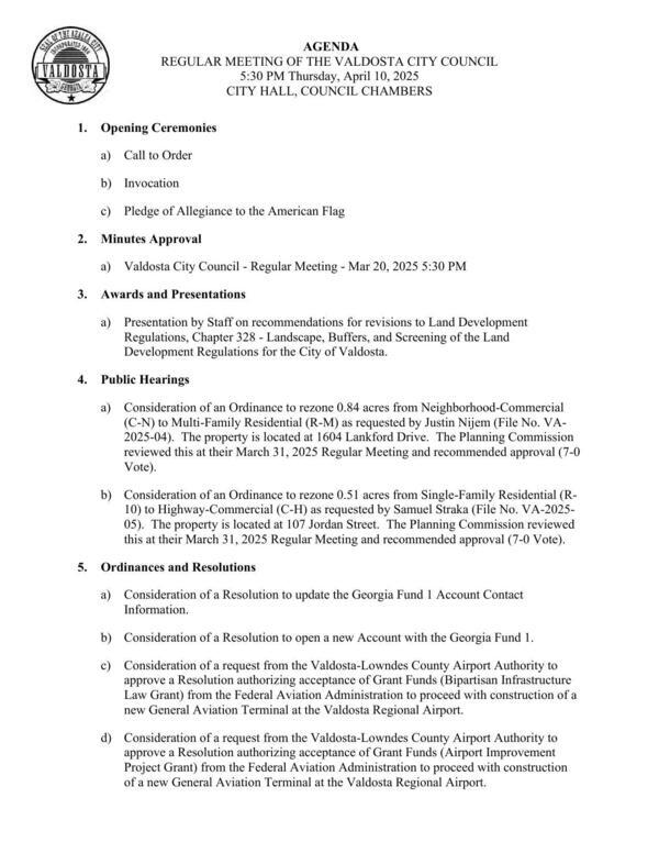 [3. Landscape Development Regulations, 4. Public Hearings, 5. Ordinances and Resolutions]