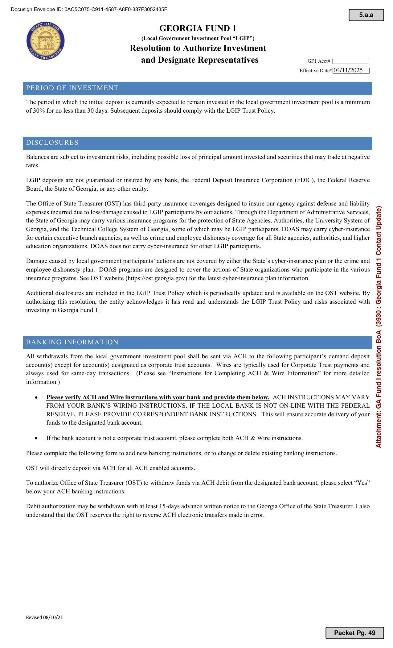 authorizing this resolution, the entity acknowledges it has read and understands the LGIP Trust Policy and risks associated with