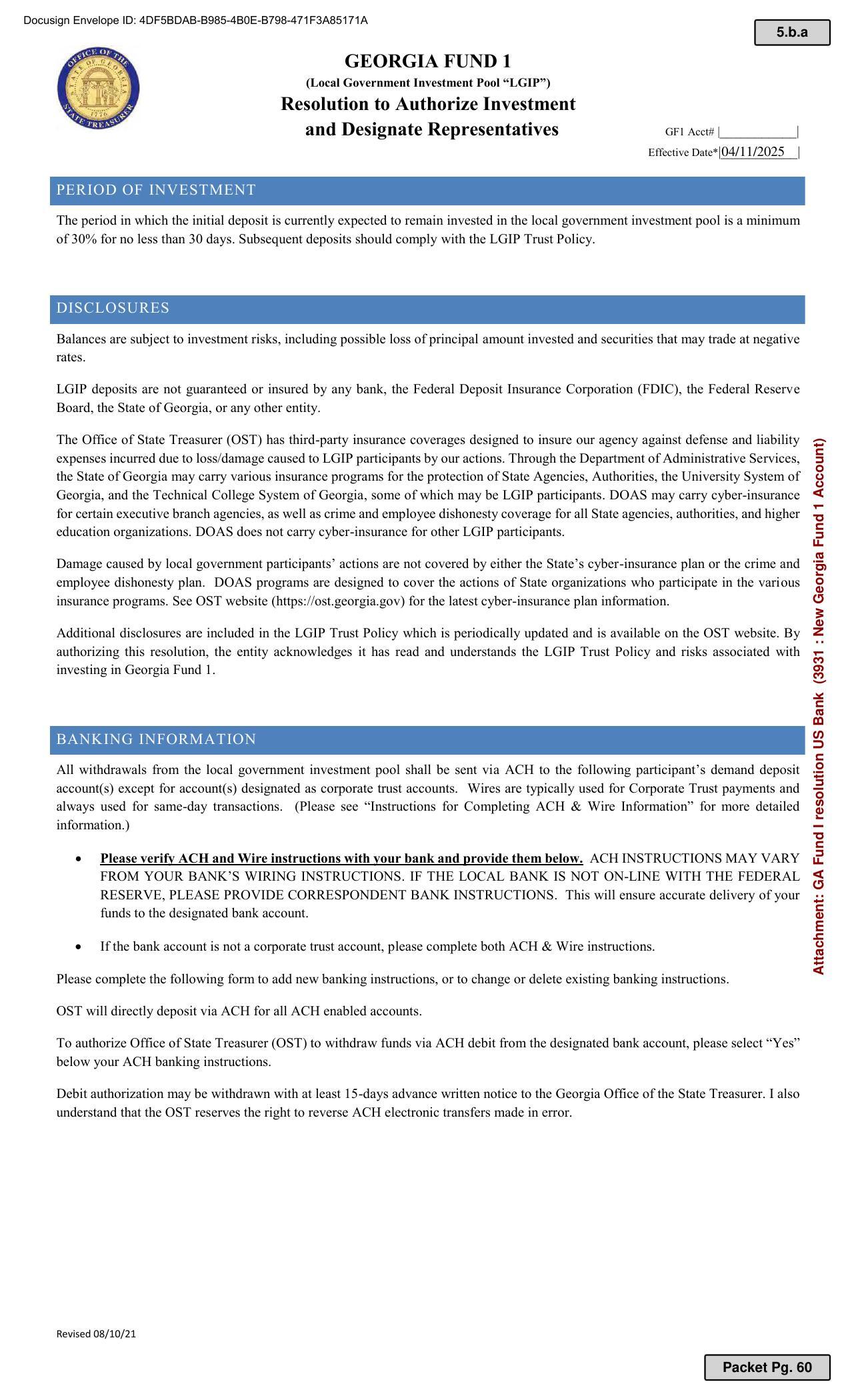 authorizing this resolution, the entity acknowledges it has read and understands the LGIP Trust Policy and risks associated with