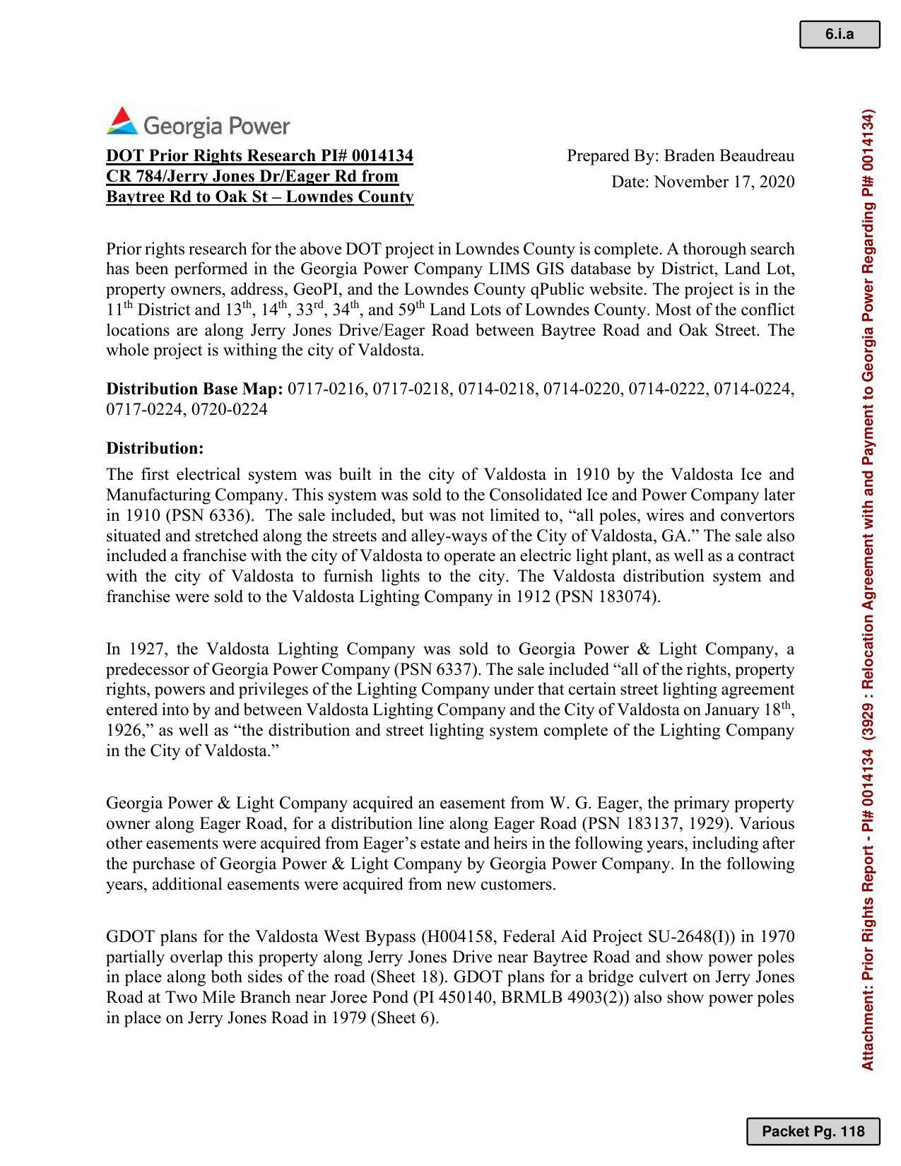 Georgia Power DOT Prior Rights Research PI# 0014134 CR 784/Jerry Jones Dr/Eager Rd from Baytree Rd to Oak St – Lowndes County