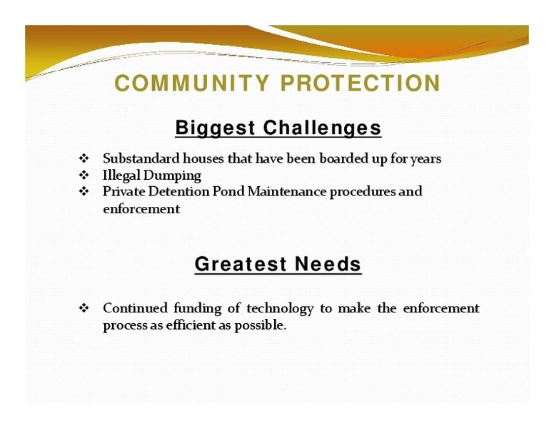COMMUNITY PROTECTION: Biggest Challenges; Greatest Needs