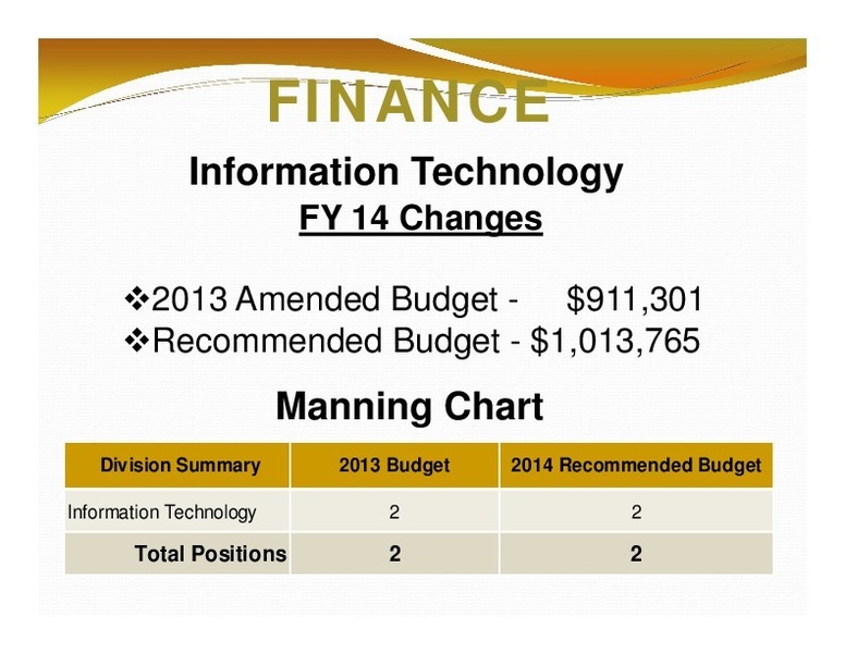 FINANCE: Information Technology; FY 14 Changes; Manning Chart; 2013 Budget; 2014 Recommended Budget; Total Positions; 2; 2