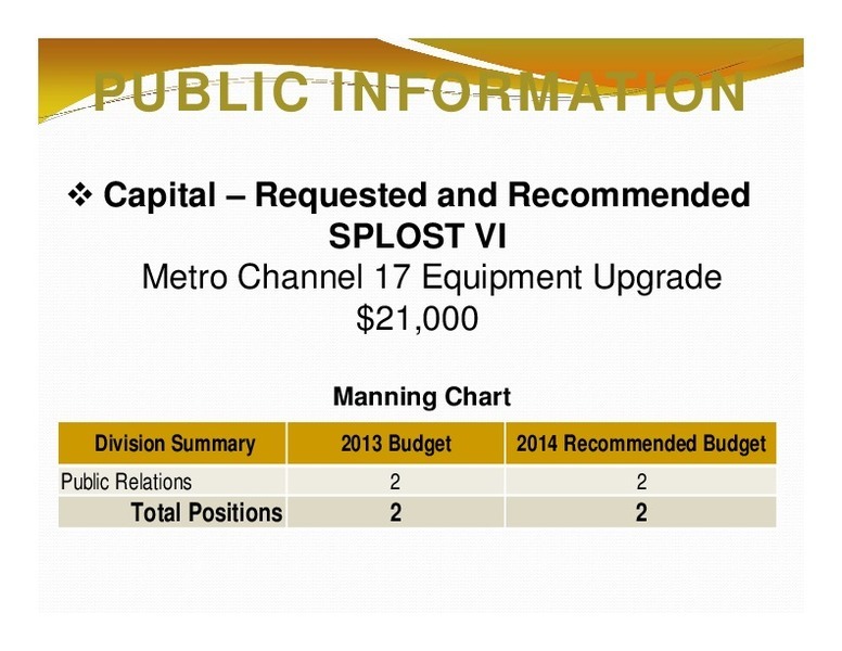 PUBLIC INFORMATION: SPLOST VI; Manning Chart; Division Summary; 2013 Budget; 2014 Recommended Budget; Total Positions; 2; 2