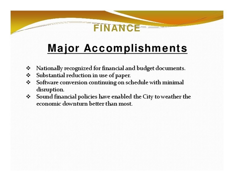 FINANCE: Major Accomplishments