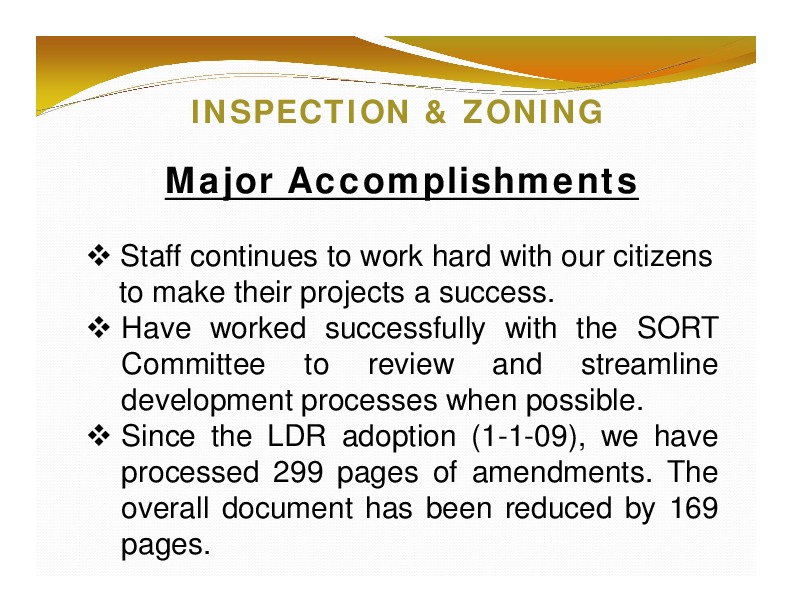 INSPECTION & ZONING: Major Accomplishments