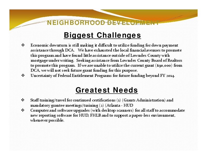 NEIGHBORHOOD DEVELOPMENT: Biggest Challenges; Greatest Needs