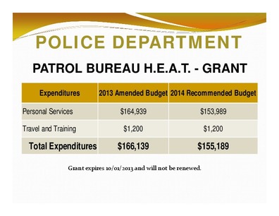 [POLICE DEPARTMENT: PATROL BUREAU H.E.A.T. - GRANT; Expenditures; 2013 Amended Budget 2014 Recommended Budget; Total Expenditures; $166,139; $155,189]
