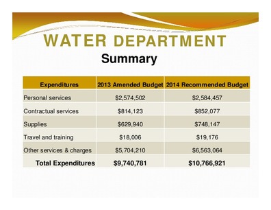 [WATER DEPARTMENT: Summary; Expenditures; 2013 Amended Budget 2014 Recommended Budget; Total Expenditures; $9,740,781; $10,766,921]
